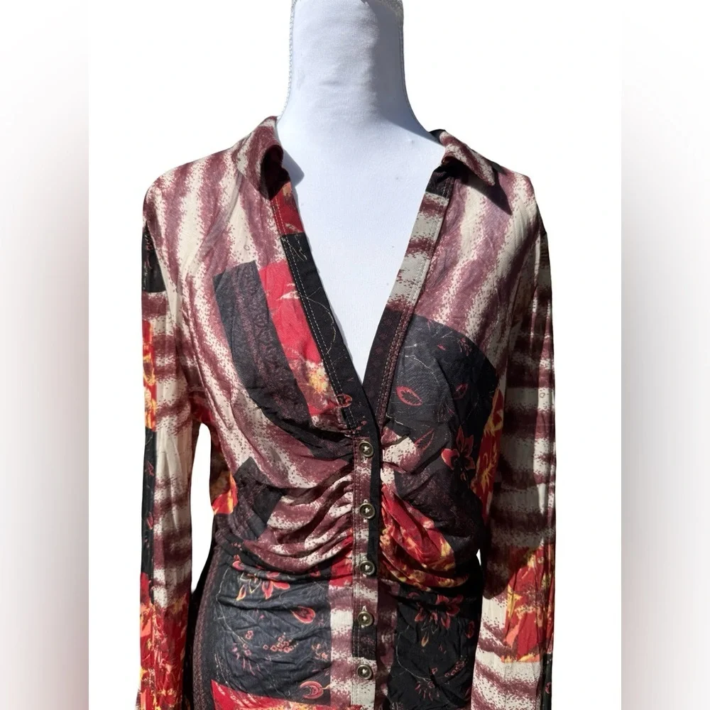 Free People Lucky Printed Blouse Patchwork Semi Sheer Mesh Boho Button Large